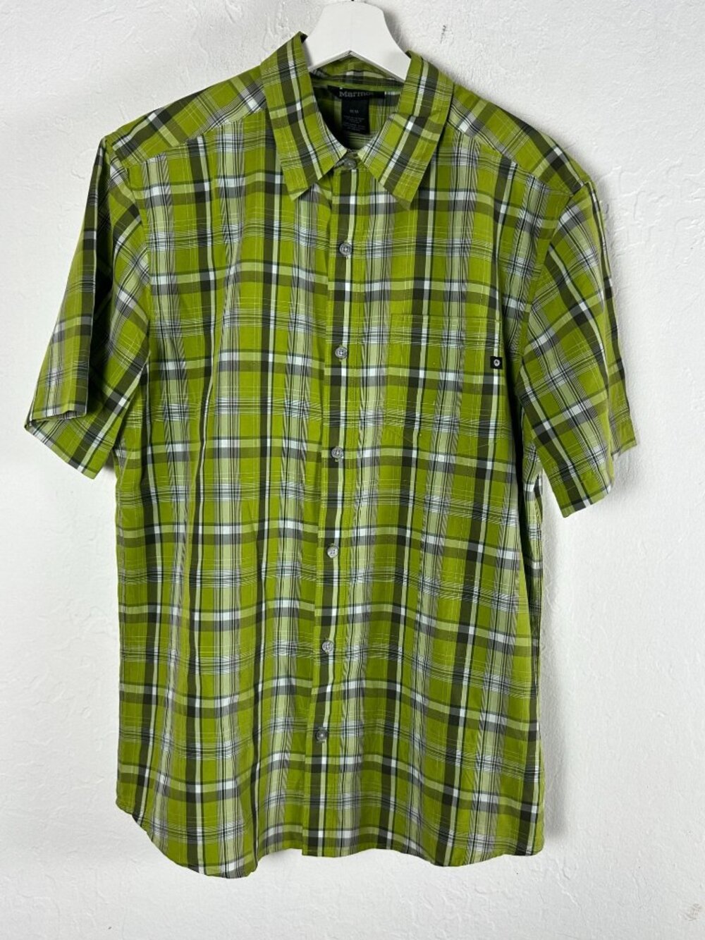 Marmot Mens Green Plaid Short Sleeve Button-Up Shirt Size Medium Pocket Casual